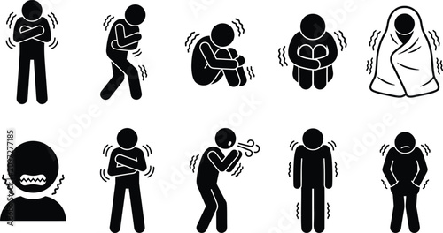 Konstfotografi Shivering stick figure icon set, black and white cold weather pictograms, 10 shi