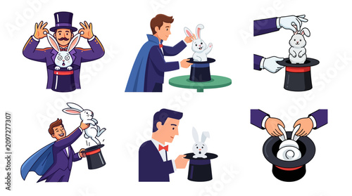 Magician pulling white rabbit from top hat in cartoon style, visual storytelling
