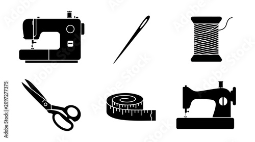 Sewing machine icons, scissors, needle, and thread spool for fashion design