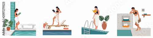 Canvastavla Set of flat illustrations featuring women in bikinis and sarongs relaxing, reading books, and enjoying quiet moments at a luxury spa or swimming pool