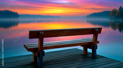 Peaceful wooden bench on lakeside pier overlooking colorful sunrise reflected on calm water with misty forest