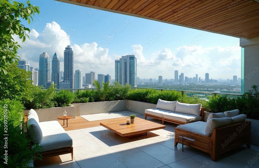 Fototapeta premium Modern rooftop garden terrace overlooking city skyline with high rise skyscrapers. Elegant wood furniture sofas white cushions green plants surrounding outdoor lounge space. Sunny day bright blue sky