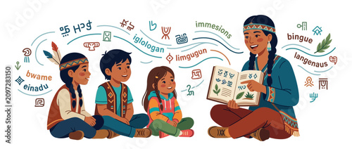 Indigenous Teacher Reads Book to Children, Diverse Languages and Cultures
