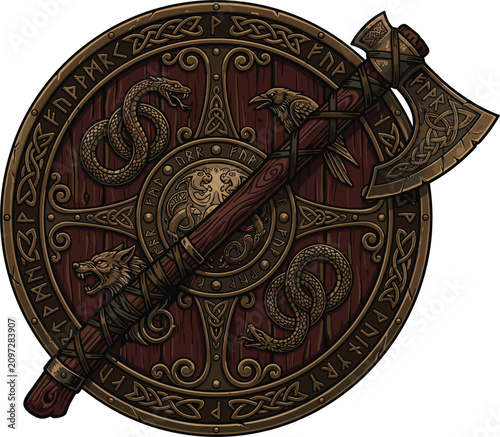 Fotografie Ancient Viking shield and battle axe vector illustration with traditional norse