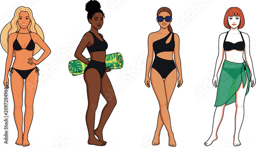 Obraz na płótnie Diverse Multiethnic Women in Swimwear Character Vector Set with Bikini, One Piec