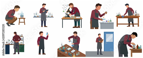 Bild auf Leinwand Male scientist in laboratory performing various experiments flat vector illustration set