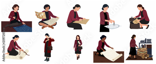 Konstfotografi Set of flat vector illustrations of a woman researcher, cartographer, and astronomer exploring maps, celestial star charts, and vintage navigational tools for science and travel