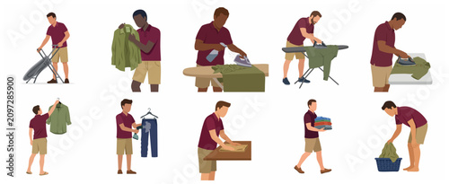 Cuadro en lienzo Set of flat vector illustrations of men performing various laundry and garment c