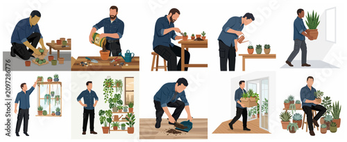 Photos Flat vector illustration set of men gardening and caring for indoor house plants, including repotting, watering, and arranging succulents and foliage