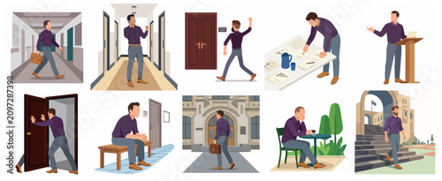 Businessman Professional Life and Daily Routine Flat Vector Character Illustration Set
