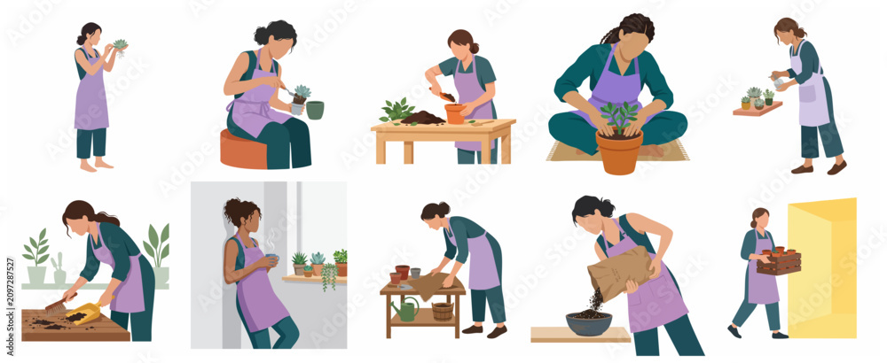 Fototapeta premium Set of flat illustrations depicting women enjoying gardening hobbies, potting succulents, and caring for indoor plants.