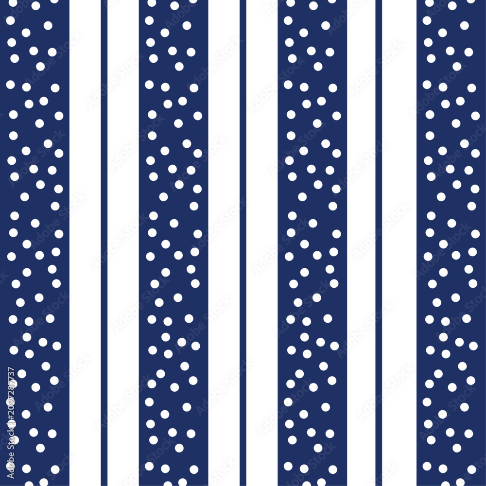 Fototapeta premium Seamless geometric pattern featuring vertical navy blue stripes and scattered white polka dots ideal for nautical summer fashion winter snow wrapping paper and classic kids interior decor