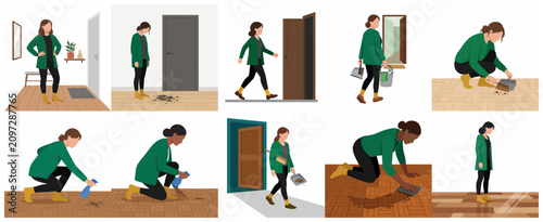 Quadro su tela Household cleaning vector illustration set featuring women sweeping, mopping, and disinfecting floors to maintain a clean and healthy home environment