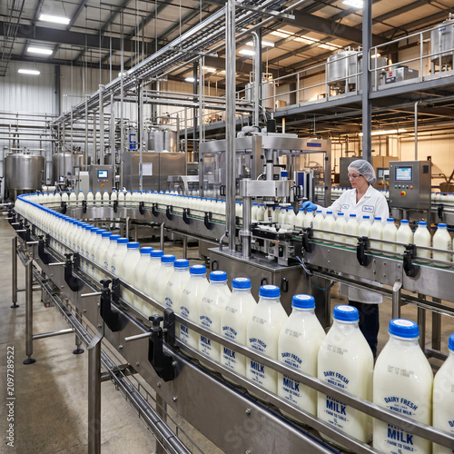 Milk production line in a modern dairy factory, bottling and packaging process