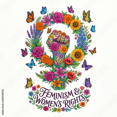 Feminist Fist Symbol with Floral Wreath, Butterflies, and Text