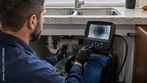 Obraz na płótnie Plumber Inspecting Drain Pipe with Sewer Camera