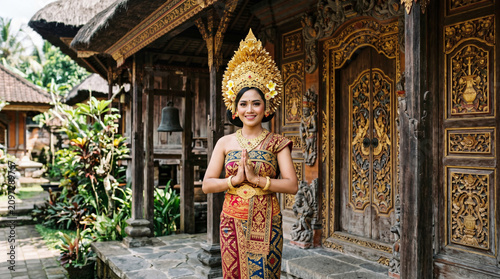 Balinese Woman in Traditional Costume and Golden Headdress Greeting
