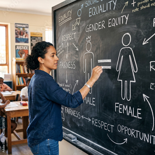 Teacher explaining gender equality and fairness on blackboard in classroom