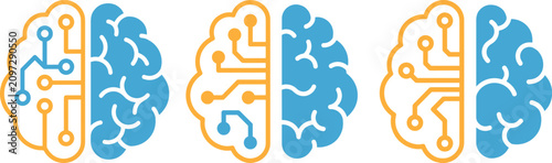 Modern Machine Learning and Cognitive Computing Graphics, Flat Neuro-Circuit Clip Art with Solid and Line Art Emblems, Artificial Intelligence and Cybernetic Brain Vector Icon Set.