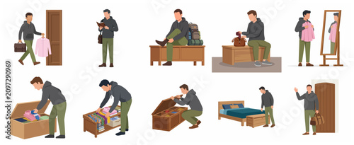 Quadro su tela Man getting ready, packing clothes, and organizing wardrobe for travel vector illustration set