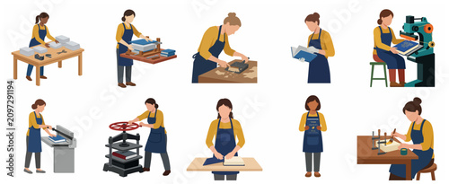 Quadro su tela Collection of diverse female artisans working in a bookbinding workshop using various traditional and modern tools for book production