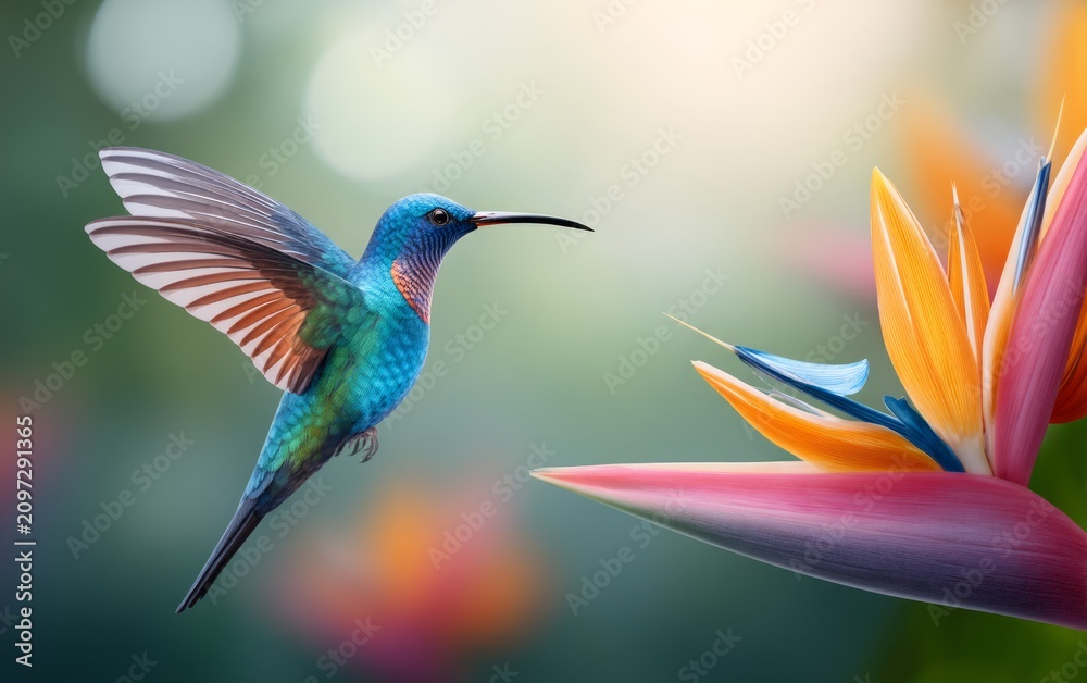 Obraz premium Vibrant blue hummingbird in flight feeding from colorful exotic flower petal