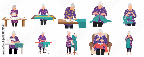 Set of flat illustrations of an elderly woman seamstress engaged in various tailoring and sewing activities from pattern design to finished garment.