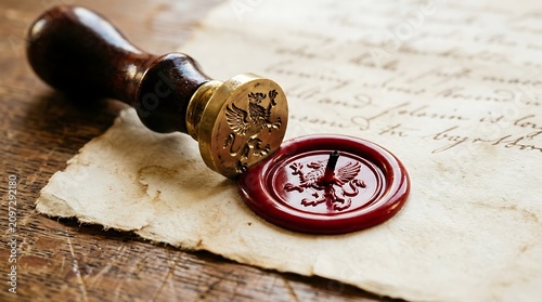 Classic brass wax seal stamp with heraldic griffin motif resting on sealed antique document on rustic wooden table for historical legal and notary concepts
