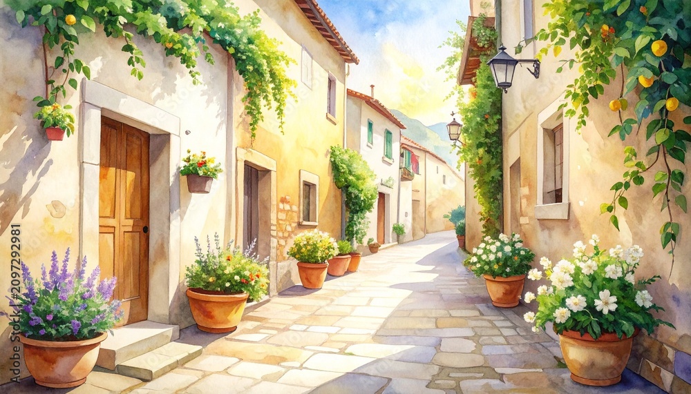 Obraz premium Charming Mediterranean Village Street with Lemon Trees and Flower Pots Watercolor Illustration