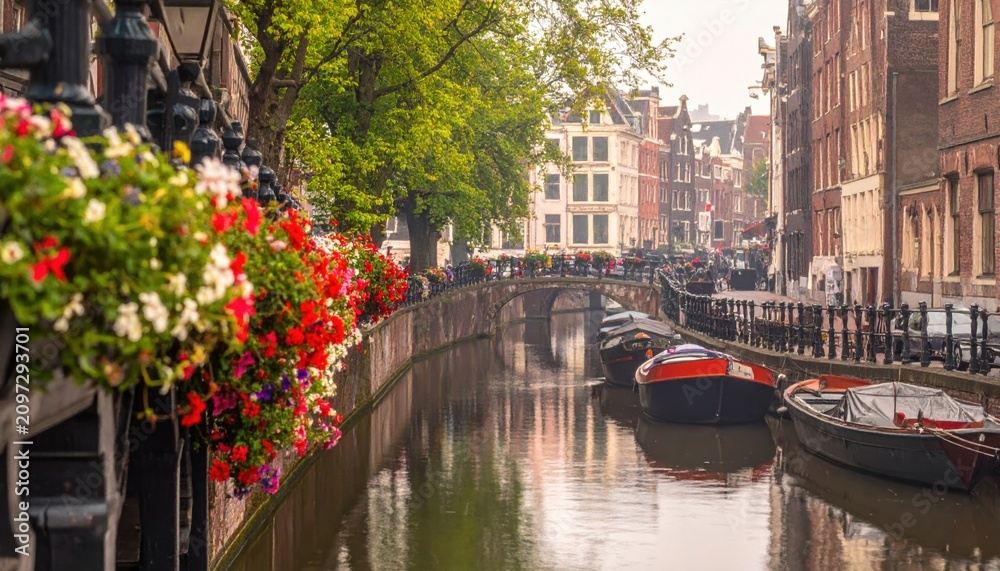 Fototapeta premium Charming Amsterdam Canal System with Historic Architecture and Boats