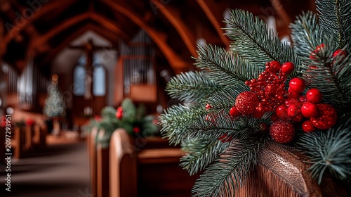 Close-up of festive red decoration and pine branch on wooden church pew