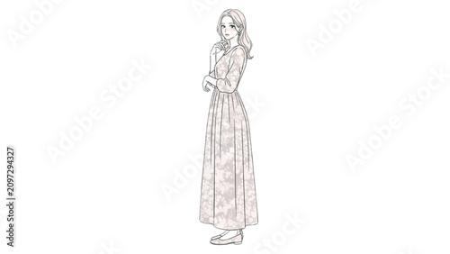 Принти на полотні A 2D Vector Illustration of a woman wearing a long dress standing alone