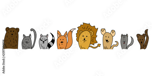ector set of cute doodle animal characters in a horizontal line-up, featuring a bear, fox, lion, and raccoon