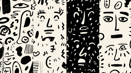 Фотография Abstract Black and White Faces Pattern Illustration Featuring Unique Geometric D