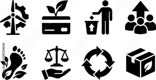 Collection of sustainability and eco friendly icons showing renewable energy, recycling, and ethical responsibility concepts