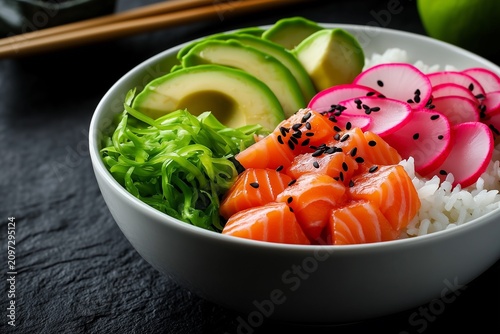 Fresh Salmon Poke Bowl with Avocado, Radish, and Seaweed Salad.