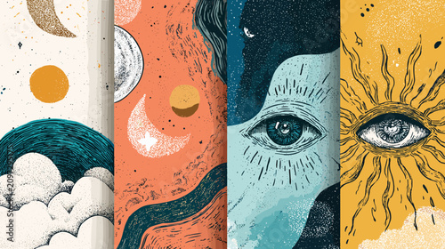 Foto Abstract Colorful Illustration of Celestial Bodies and Eyes with Unique Patterns