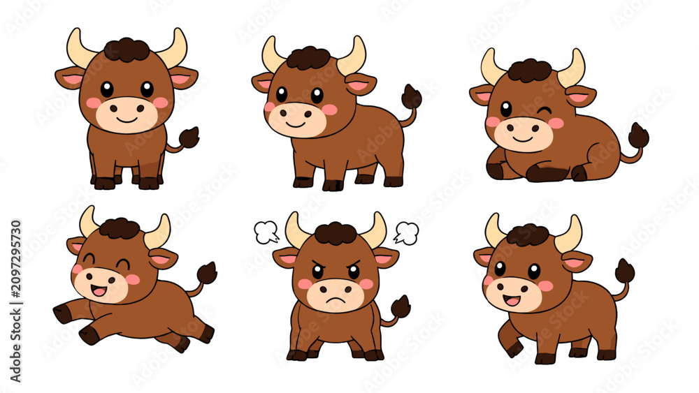 Fototapeta premium Cute cartoon bull character set in different poses