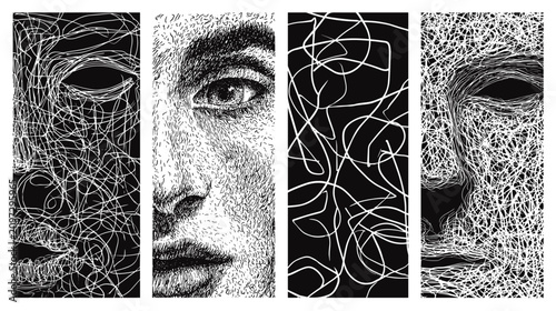 Obraz na płótnie Abstract Expression of Faces Through Intricate Lines and Patterns in Black and W