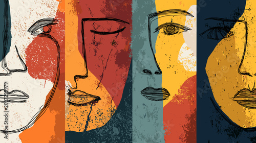 Fotografía Abstract Expression of Faces with Colorful Backgrounds Featuring Emotional Descr