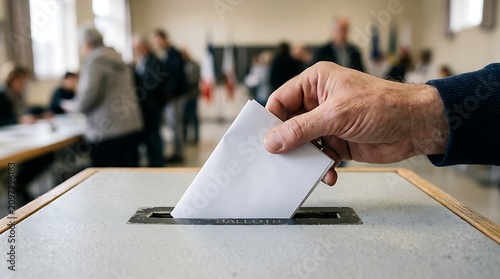 Close up of an elderly person casting a paper vote into a ballot box during a local democratic election at a community polling station