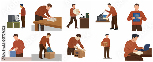 Tableau sur toile Set of flat vector illustrations featuring a man performing various document production, book binding, packaging, and shipping tasks in a business or academic environment