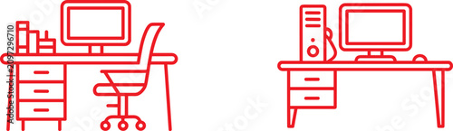 Set of red outline office desk and computer workstation icons for workspace UI design