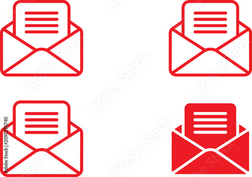 Set of red outline open envelope and letter icons for email messaging UI design