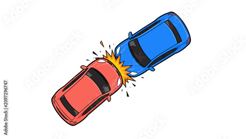 Obraz na płótnie Top view vector illustration of two cars colliding