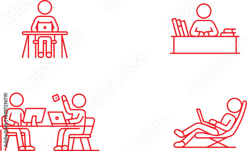 Set of red outline people working at desks and relaxing with laptops for business UI