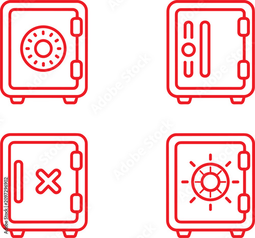 Set of red outline safe box and vault icons for financial security UI design