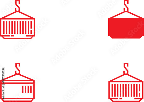 Set of red outline shipping container and crane hook icons for logistics and freight transportation UI