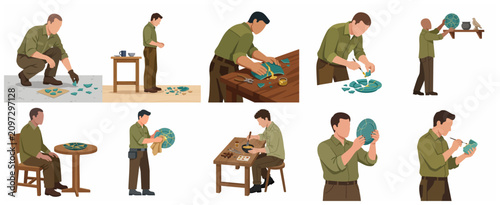 Obraz na płótnie Kintsugi art set illustrating the restoration process of broken ceramic plate wi