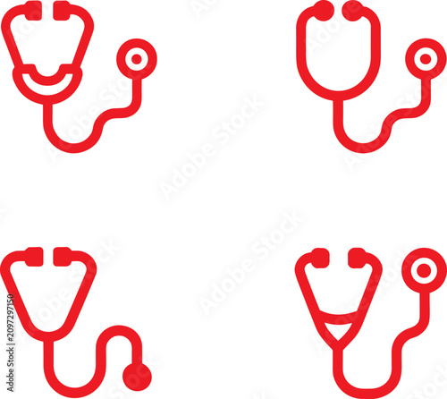 Set of red outline stethoscope icons for medical healthcare and doctor clinic UI design
